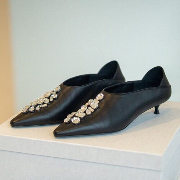 Practical Magic Black Leather Heels with Crystals - Picture 1 of 14